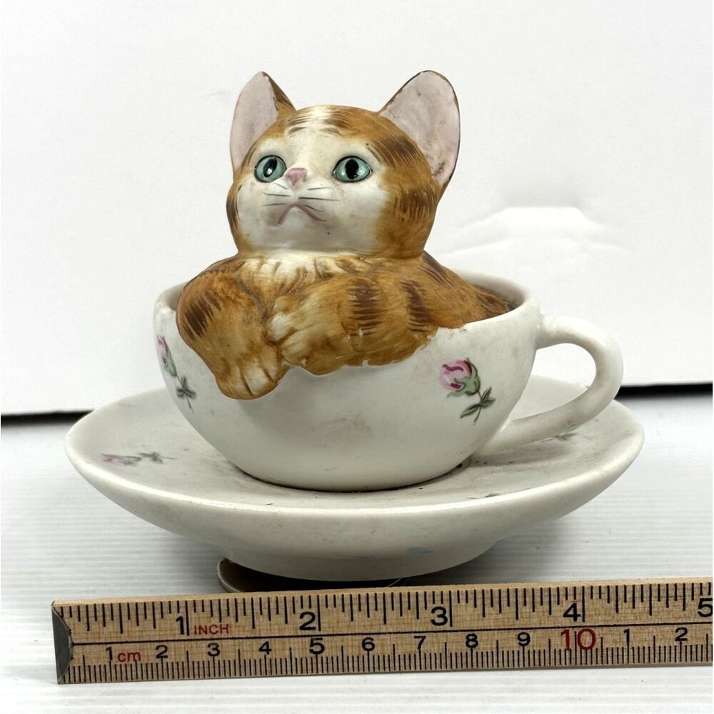VTG Music Box Cat Figurine In Teacup With Saucer Hand-Painted Ceramic Floral Des - Picture 4 of 16